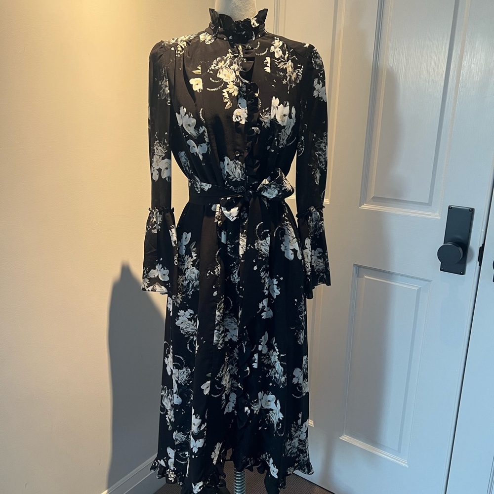 ERDEM Black and White Floral Silk Midi Dress